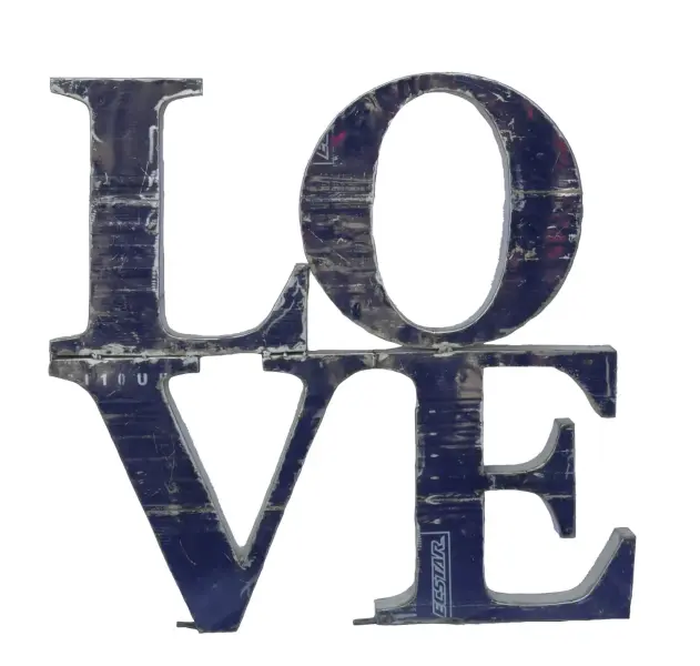 Product image 1 of the product “Letter LOVE in Small as wall hanger, 105 x 100cm, object from upcyceled oil barrel. ”